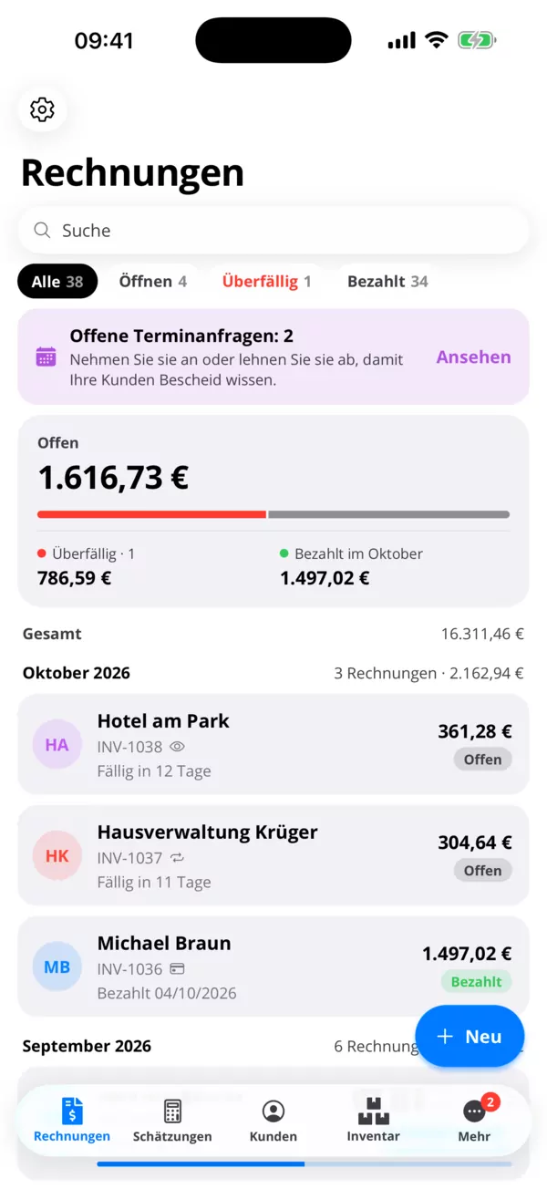 Rechnungen, die Kunden per Karte bezahlen.