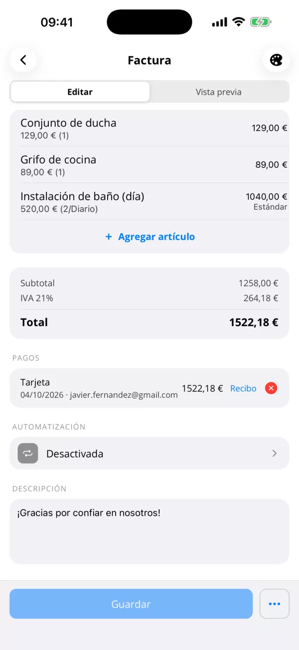 Cada pago en la factura.