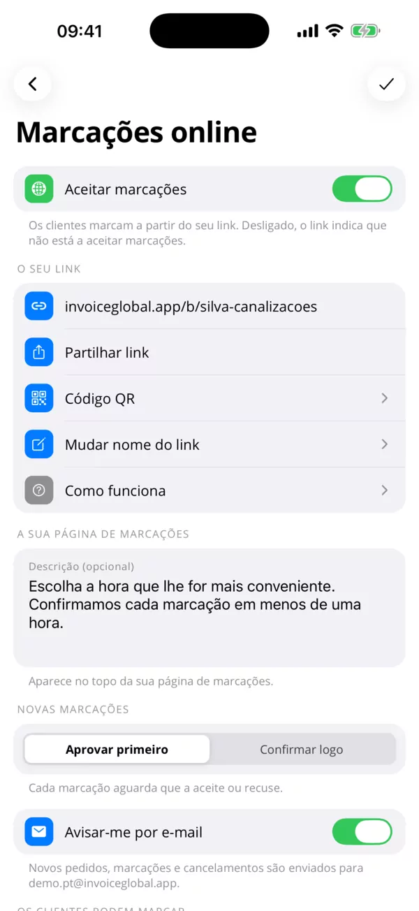 Os seus serviços, o seu horário.