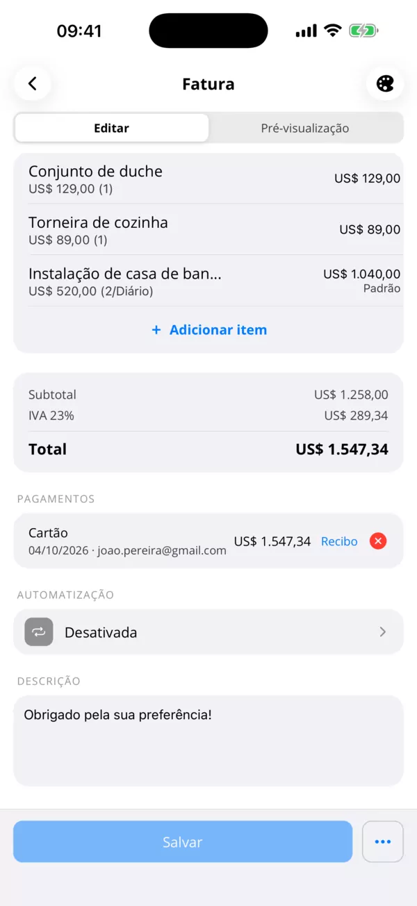 Cada pagamento na fatura.