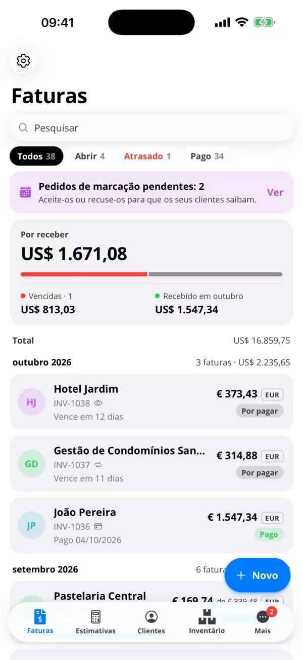 Faturas que os clientes pagam por cartão.